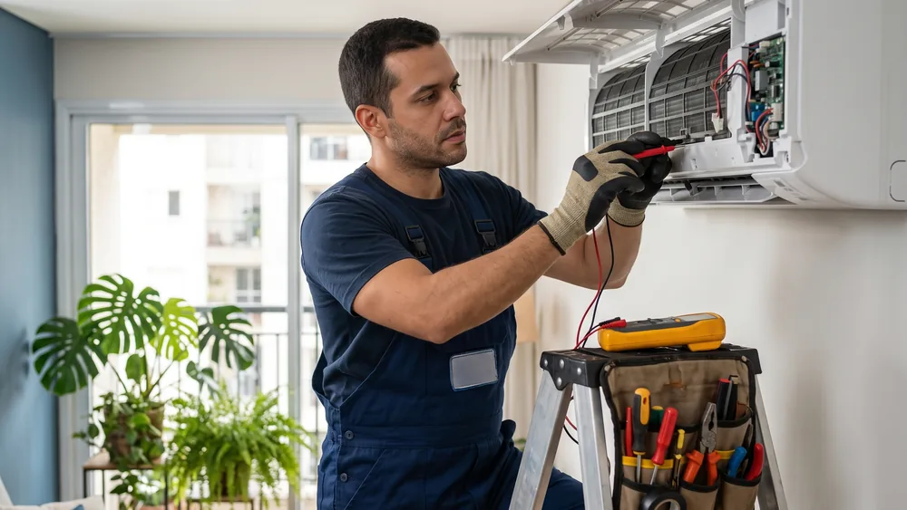 Técnico diagnosticando um ar-condicionado com multímetro