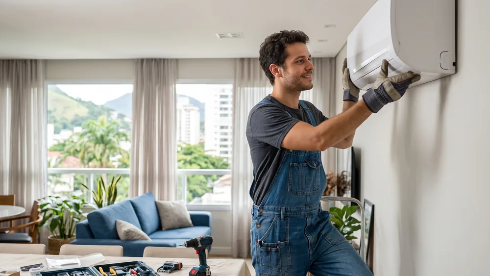 Técnico instalando um ar-condicionado split