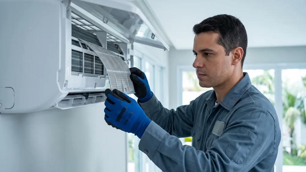 Técnico realizando manutenção preventiva e verificando os filtros